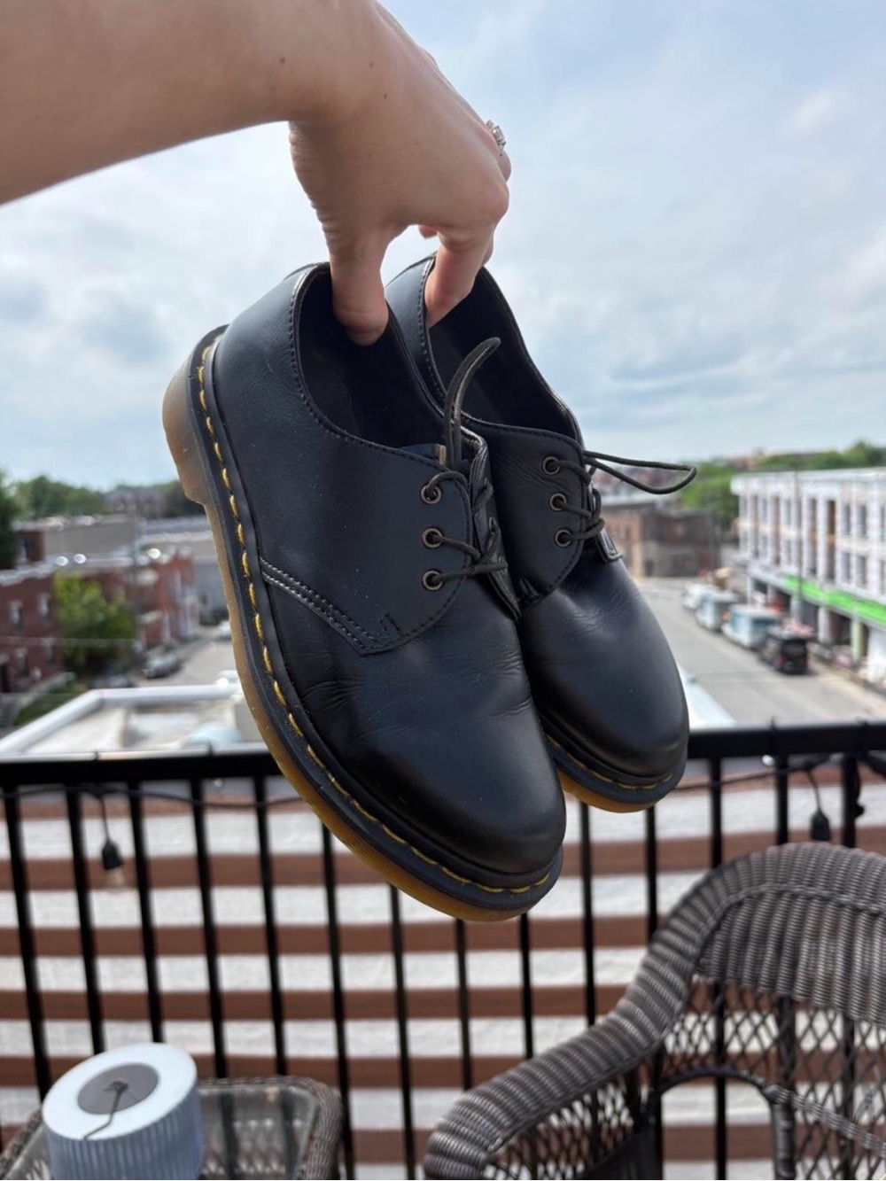 Dr. Martens Black Leather 3-Eye Derby Shoes with Yellow Stitching
